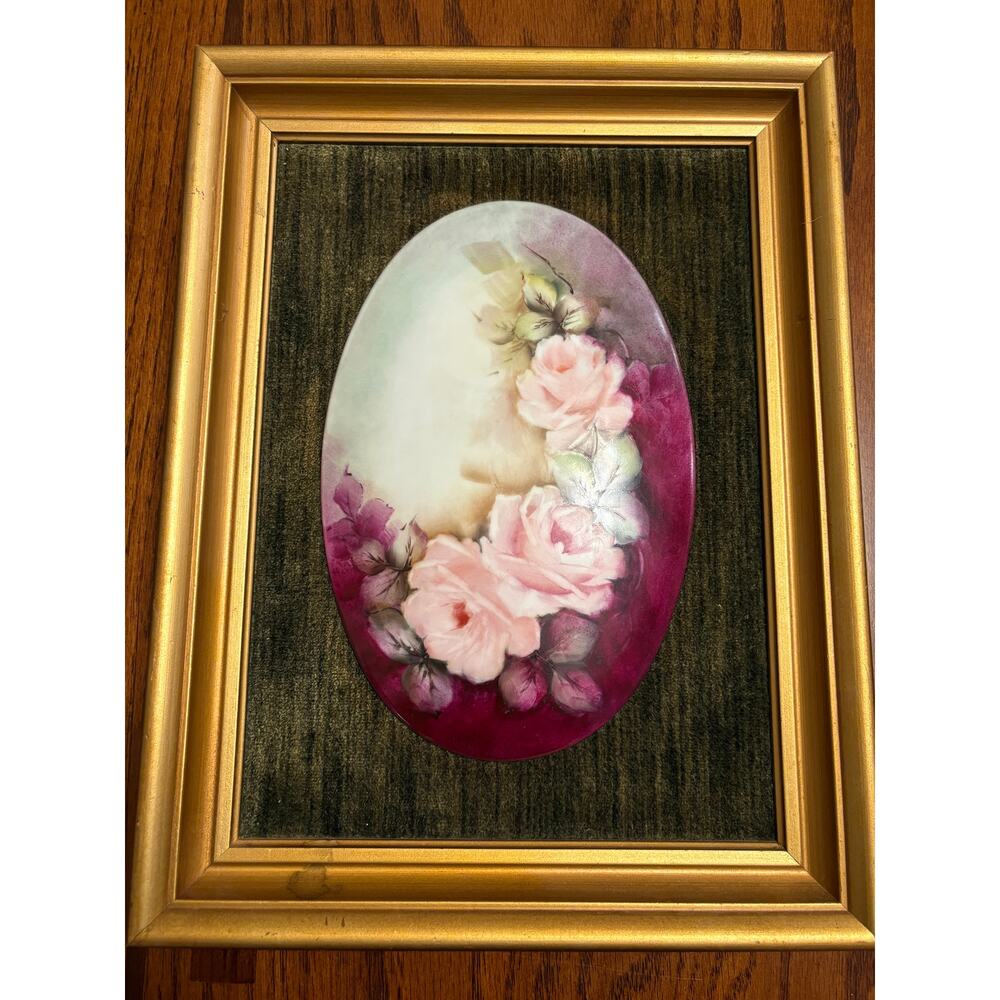 Antique Framed Oval Hand Painted Porcelain Tile on Green Velvet